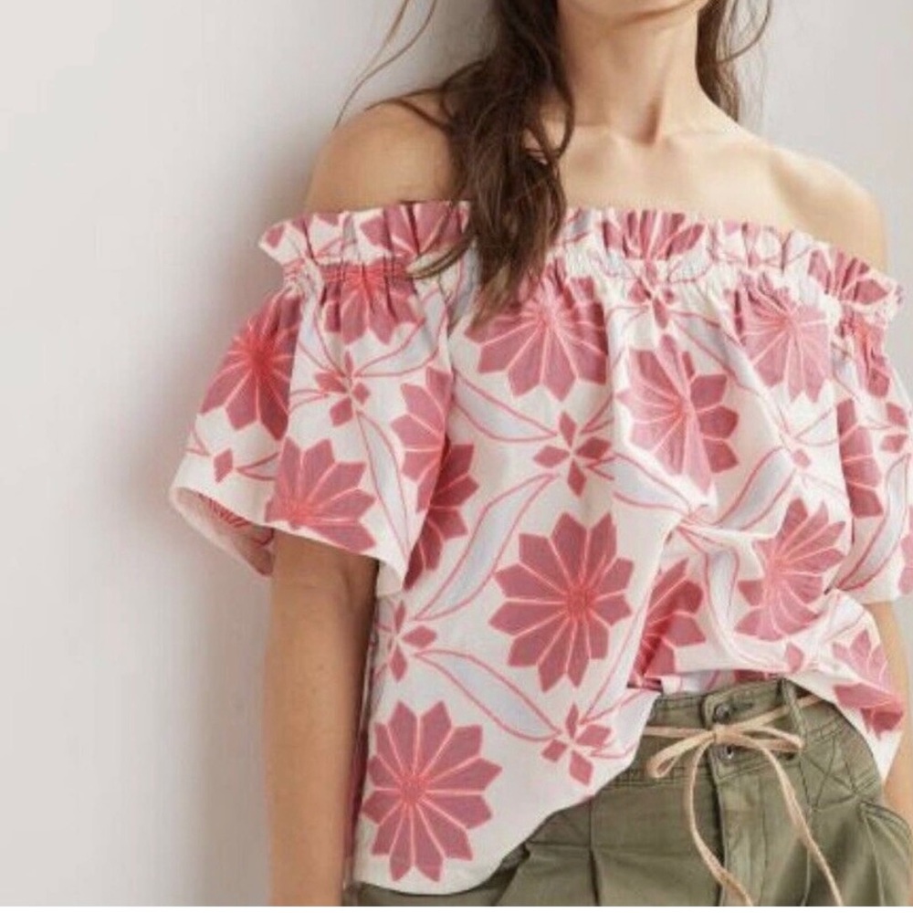 Anthropologie Maeve - Neon Embroidered Off-Shoulder Top - Bright Pink - Size XS